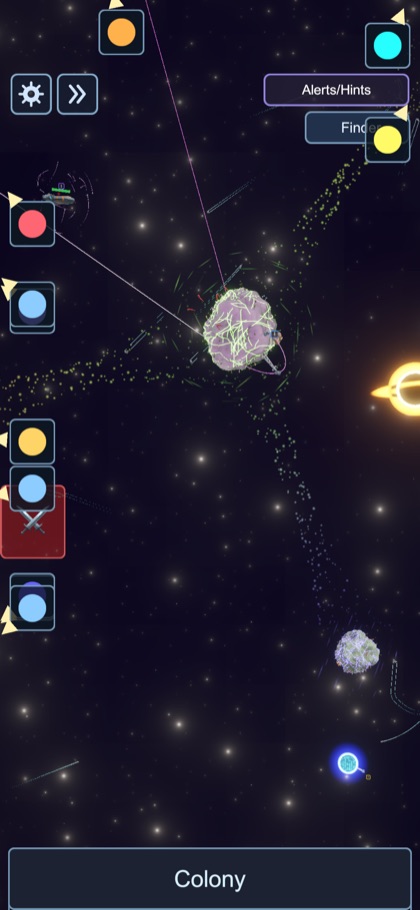 ShroomVerse colony view: a cratered asteroid planet in a starfield, with resource markers along the screen edges