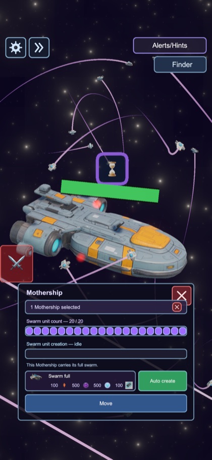A selected mothership with its panel open, showing the swarm unit count and an auto create button