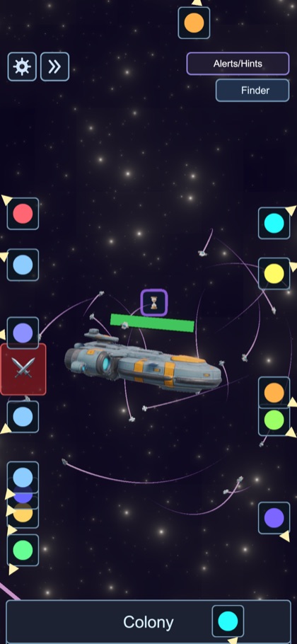 The mothership cruising between orbit paths with a build timer above it