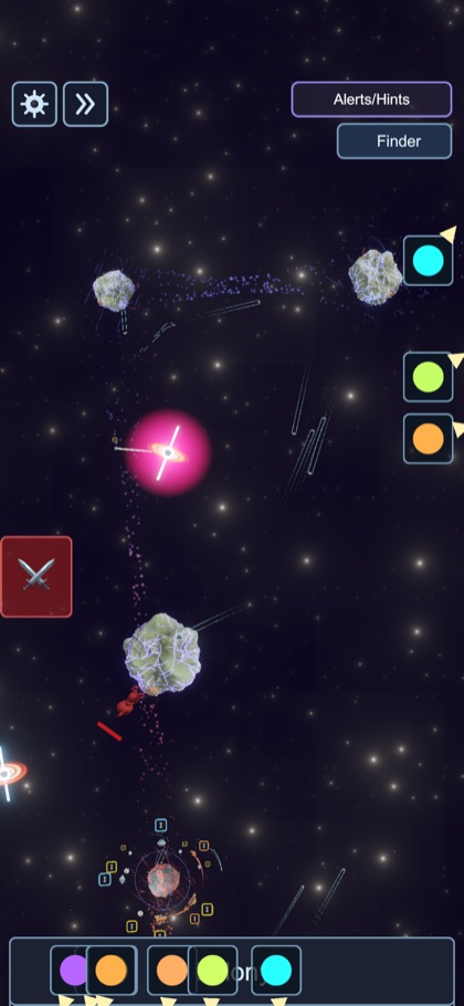 A glowing pink star beside an asteroid planet, with ships gathering nearby
