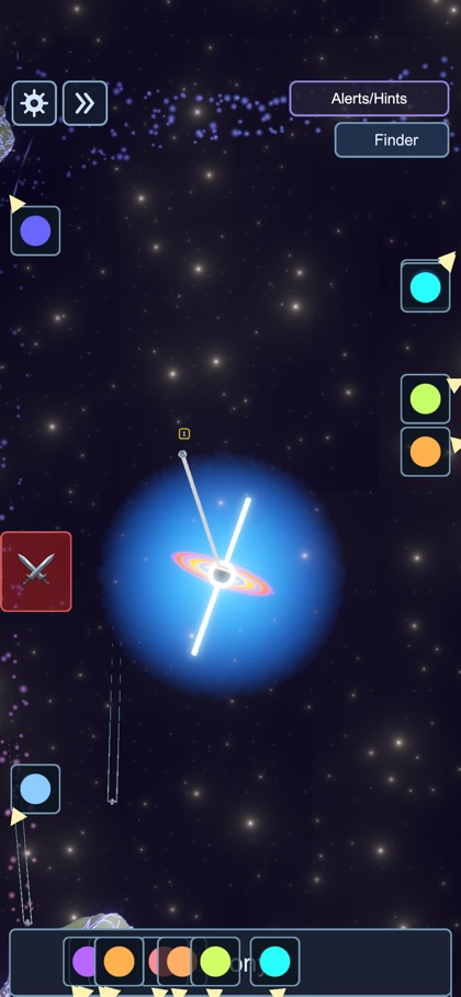 A bright blue black hole with an accretion disk and ships orbiting around it